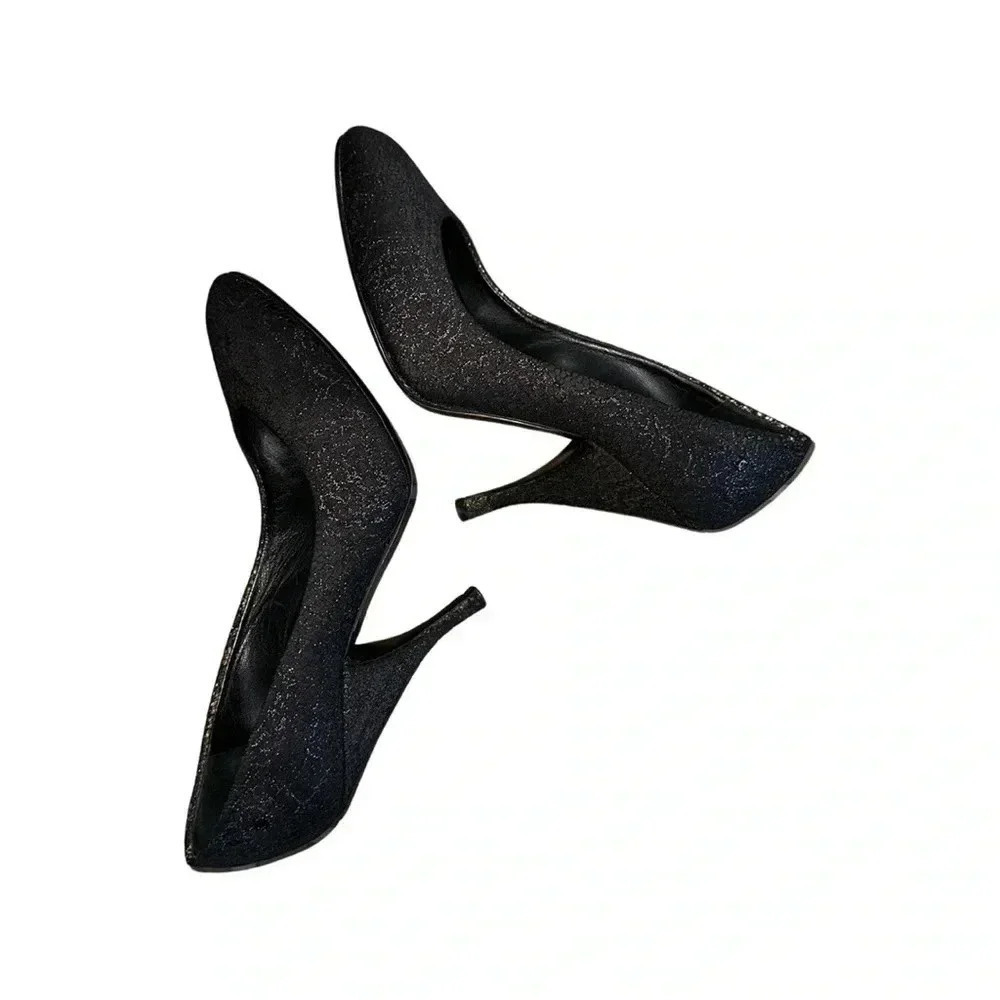 Chanel Black Shimmer Lace Almond Toe Pump Shoes Size 38 - Picture 6 of 10